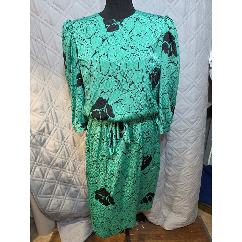 Lady Carol Petites Vintage 80s Emerald Green Floral Shoulder Pads Dress 14P